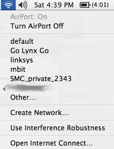 iBook AirPort menu with 5 other access points visible