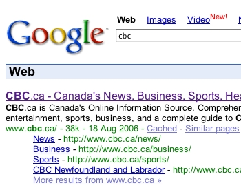 Google search results showing 'sitelinks' for the CBC website