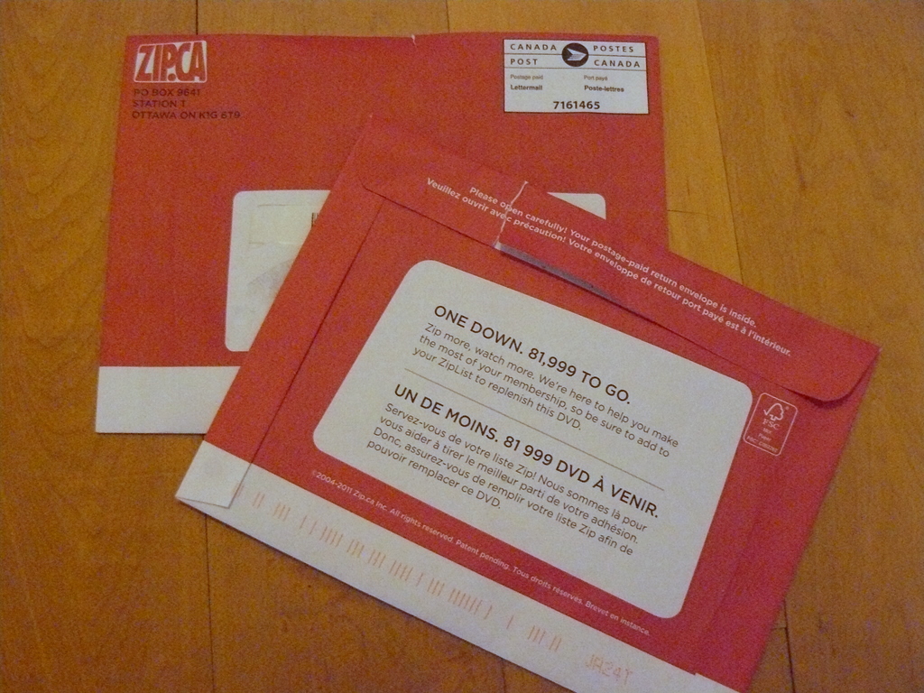 The Zip.ca red envelopes that DVDs are mailed out in